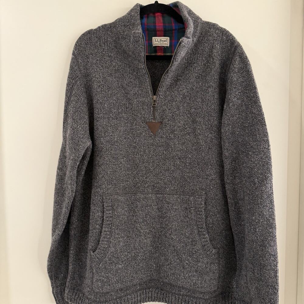 L.L. Bean Quarter Zip Sweater Mens Plaid Collar Charcoal Grey Size m